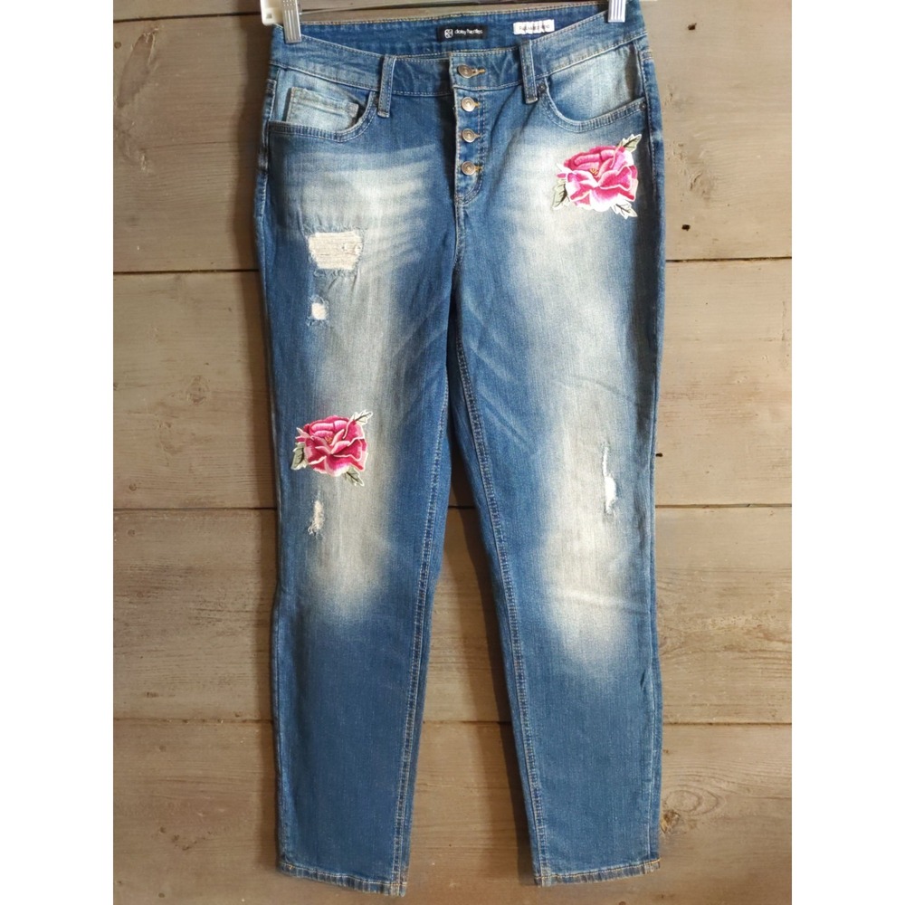 Daisy Fuentes Paulina Distressed Floral Embroidery Button Fly Jeans Blue Size 8